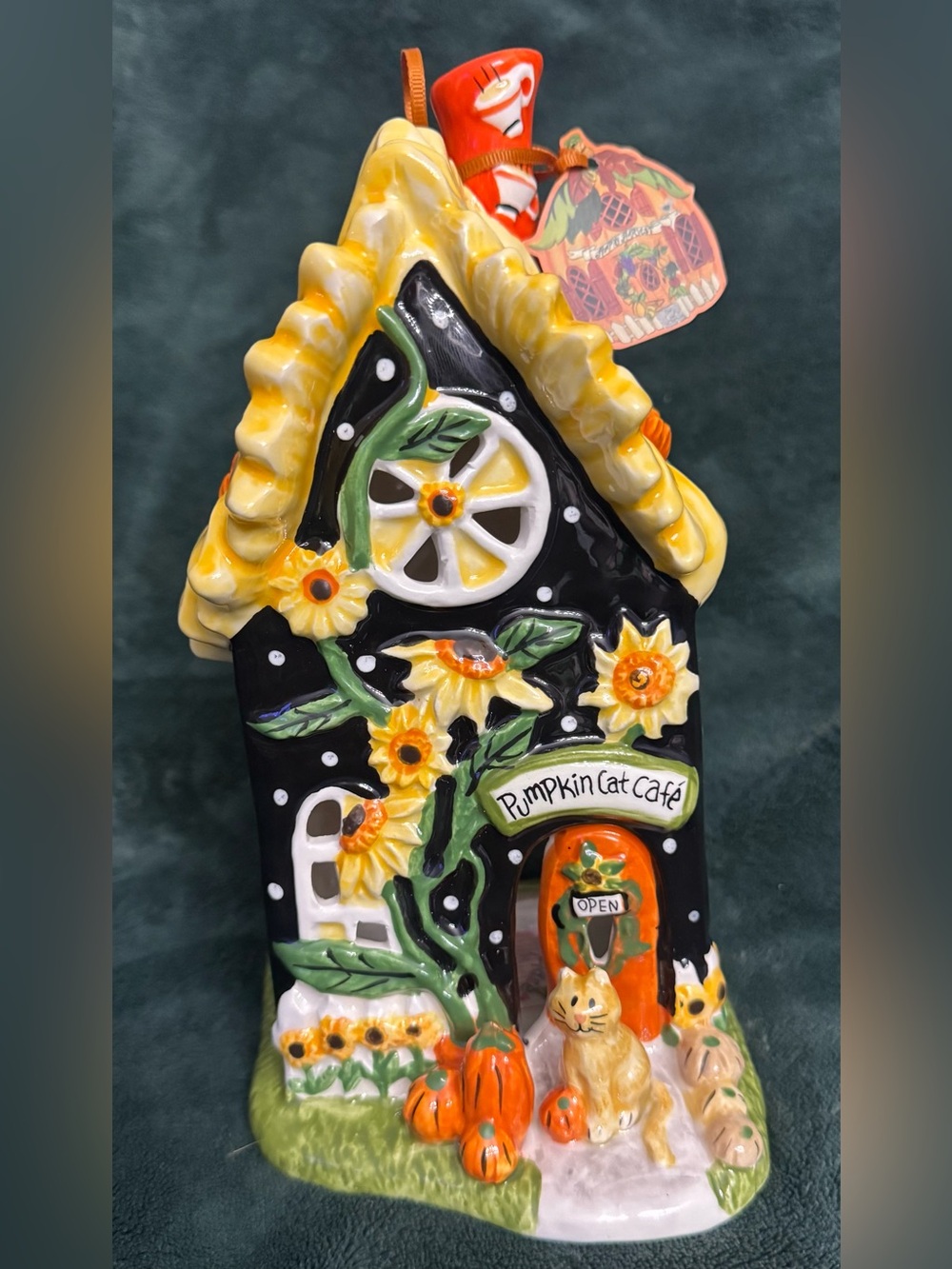Blue Sky Clayworks Fall Pumpkin Café w/Cat & Sunflowers Tealight House NWT